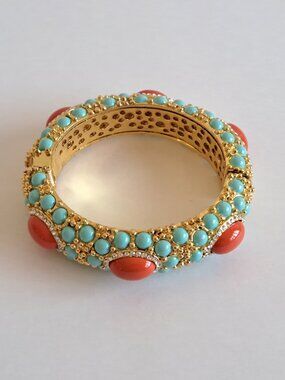 New Angelique De Paris gold plated turquoise coral cuff bangle bracelet